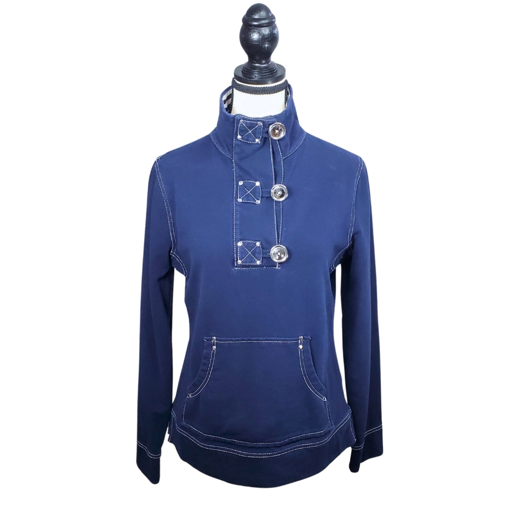 Jones New York Navy Nautical Funnel Neck Pullover Sweater with Oversized Buttons
